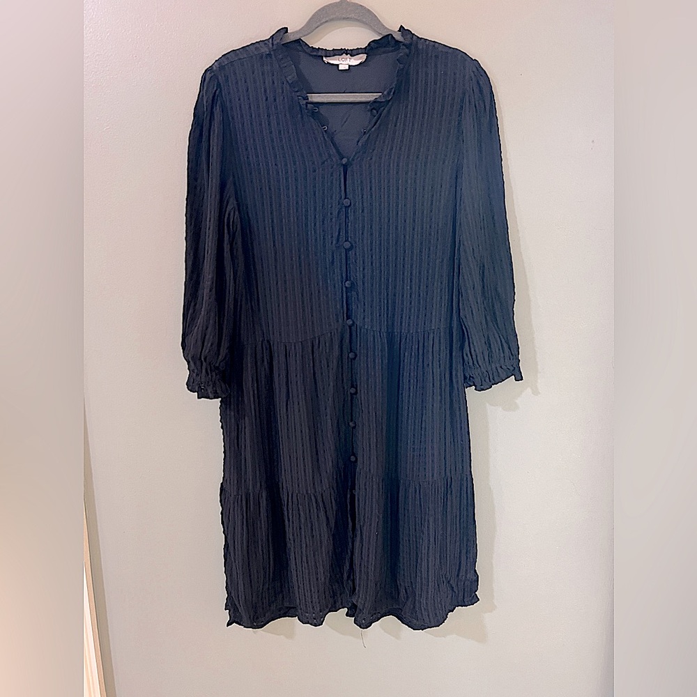Loft Womens Size large Long Sleeve Button Front Black Dress Spring